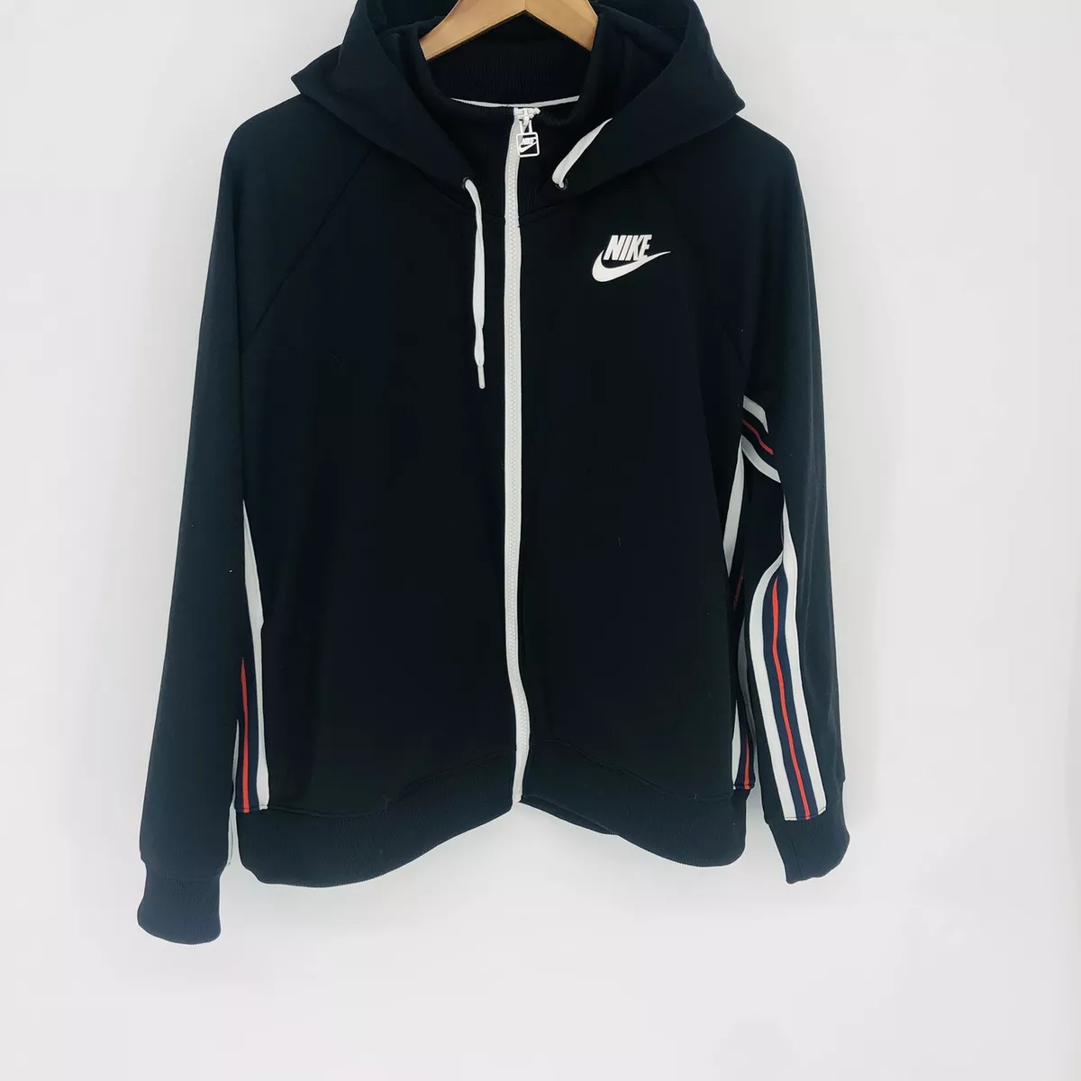 Nike Women s XL Sportswear Full Zip Retro Poly Knit Hooded Jacket Red Navy Strip