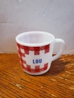 Vintage Westfield Personalized Coffee mug "Lou" Red White Milk Glass Gingham