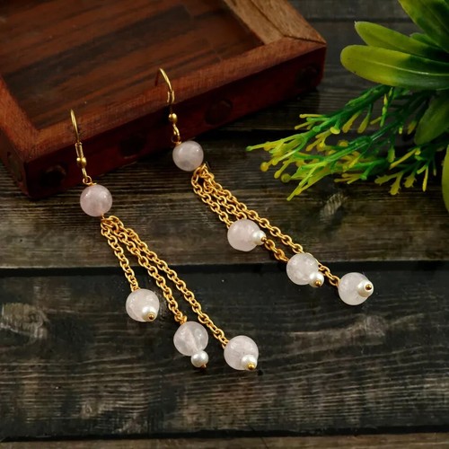 Argento Sterling Placcato Oro Quarzo Rosa con Perla Pendente Orecchino Gioielli - Imagen 5 de 5