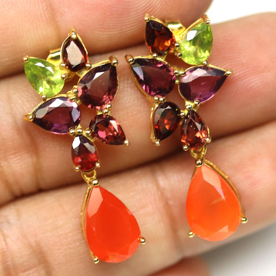 925 Sterlingsilber 8 x 12 Mm. Orange Karneol, Rhodolith & Peridot Ohrringe - Bild 2 von 4