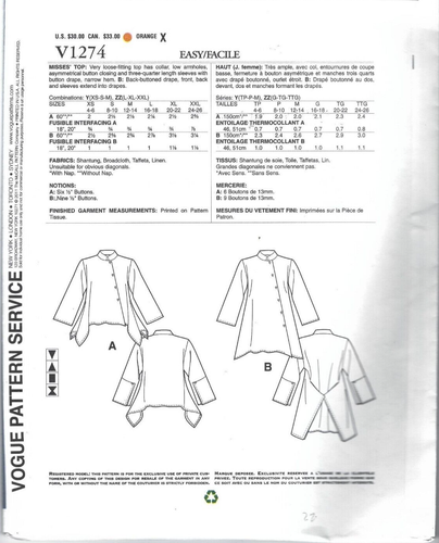 Vogue Designer Sewing Pattern 1274, Lynn Mizono Top or Jacket, 4 - 14, New - Picture 3 of 3