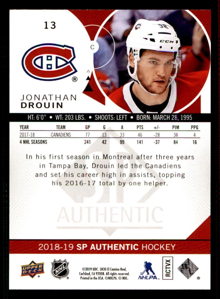 2018-19 SP Authentic Limited Red #13 Jonathan Drouin - Image 2 of 2