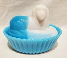 Antique Westmoreland Blue & White Milk Glass Dog Covered Dish Ribbed 5.5" x 4"