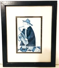 STEVEN LAMB Art Print Saxophone & Cat 1997 Signed, Under Glass, Framed, 11"x9"