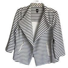 Roz & Ali Sz L Black/White Stripe Open Front Blazer Cardigan Jacket Zip Pockets