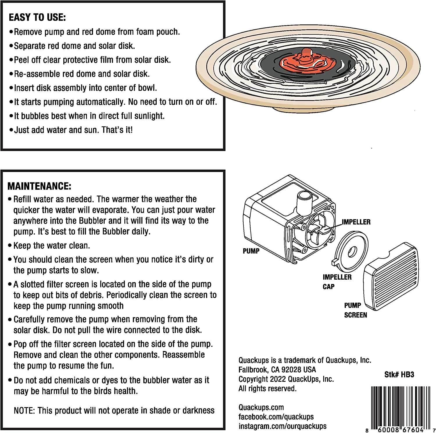 Solar Bubbler Fountain for Hummingbirds, Small Birds, Bird Bath