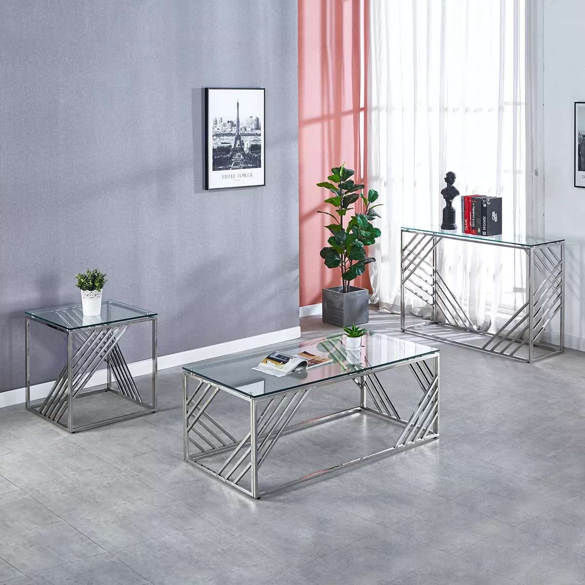 Clear Tempered Glass Sofa Side Table Console Desk Chrome X Legs End Coffee Table