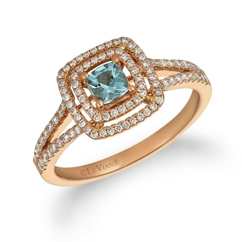 Le Vian 14K Rose Gold Split Shank Bridal Halo Ring Aquamarine Round Diamond