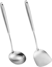14-15" Wok Spatula and Ladle, 2 PCS Wok Tools Set, 304 Stainlss Steel Cooking Ut