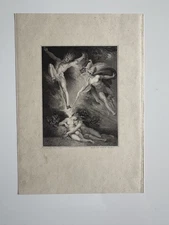 Antique Engraving 1802 male form Adam and Eve with Satan, Ithuriel and Zephon