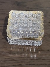 Vintage Small Rectangular Diamond Cut Crystal Glass Jewelry Box Brass Hinged Lid