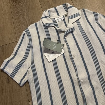 Larsson & Co Men s Striped Waffle Knit Shirt Short Sleeve Relaxed Fit Small NEW