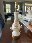 Vintage Milk Glass Floral Hand Painted Table Lamp Pink Roses approx. 14” Brass