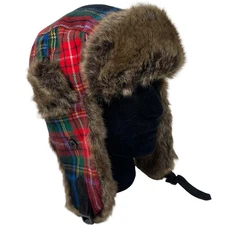 DAVID&YOUNG Red Plaid Trapper Hat Faux Fur Lined Ear Flap Winter Warm Unisex OS
