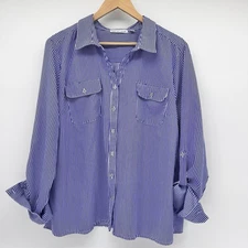Notations Womens Size XL Blue White Stripe V-neck Roll Tab Sleeves Blouse