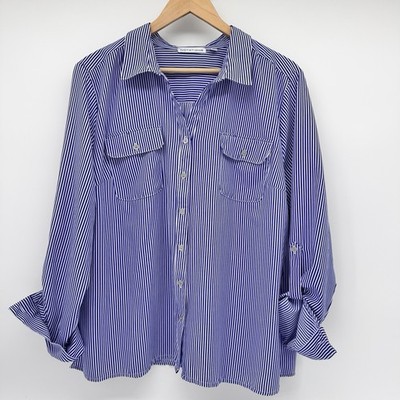 Notations Womens Size XL Blue White Stripe V-neck Roll Tab Sleeves Blouse