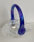 Fenton Opalescent & Purple Blue Glass Ruffled Edge Basket w/ Handle Round