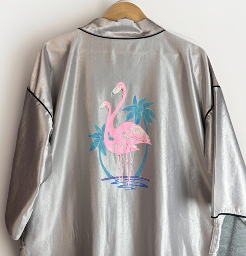 Vintage Men’s Robe Silver Shiny Flamingo OS Miami Camp Glamour Satin Silky USA