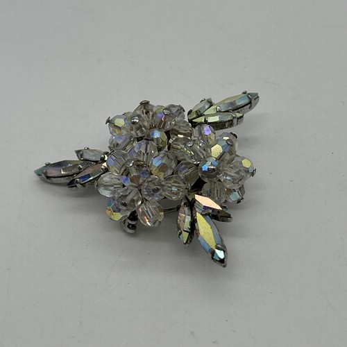 Vintage Crystal AB Bead Brooch Flower Spray Triangle Aurora Borealis MCM - Picture 2 of 14