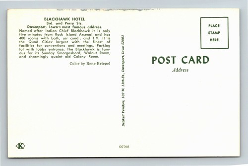 Historic Blackhawk Hotel Entrance, Quad Cities, Davenport Iowa Vintage Postcard - Picture 2 of 2