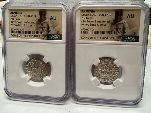 Pair Of Levon I Silver Tram Knights Templar Crusades Armenia 1198-1219Ad NGC AU