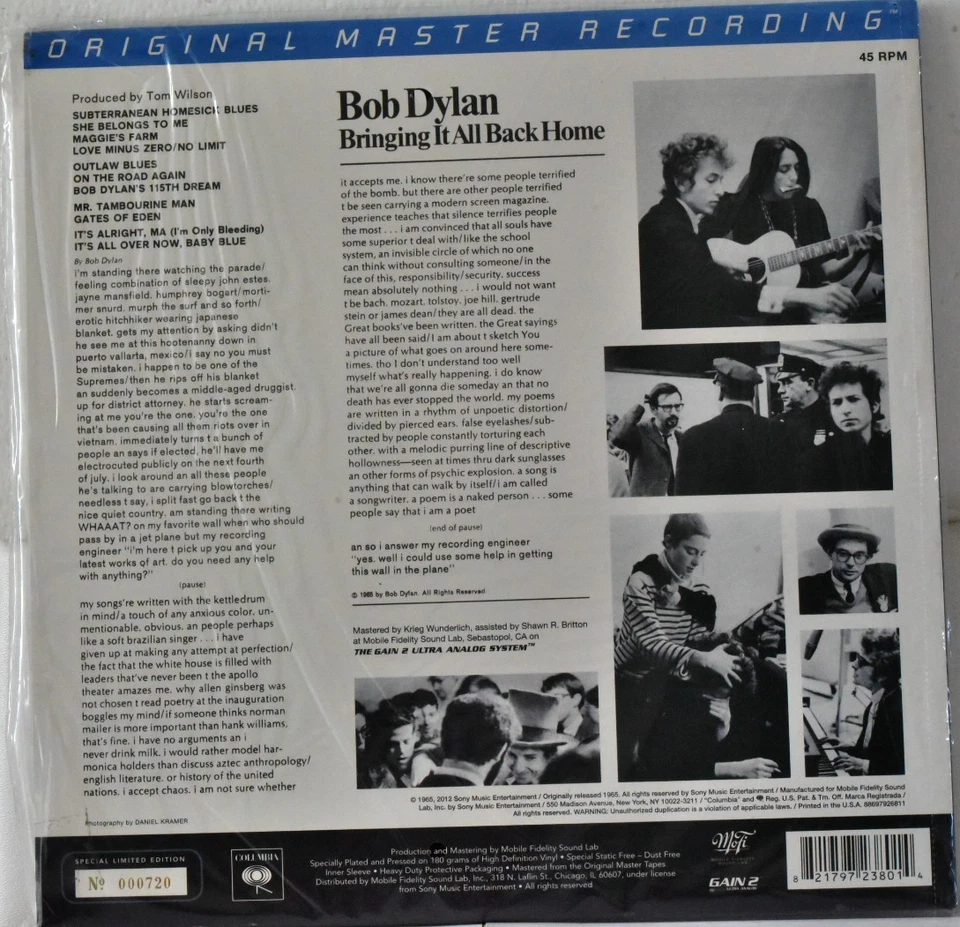 AUDIOPHILE MOBILE FIDELITY  MFSL380 BOB DYLAN Bringing Home 180g 2LP No #0720 SS - Image 2 of 2