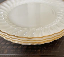 4 Fire King Swirl Dinner Plates + 4 Dessert Bowls Milk Glass Gold Rim Vintage