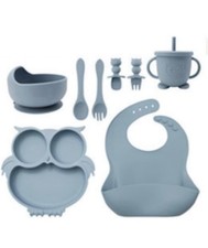Silicone Baby Feeding Set With Silicone Bowl, Plate, Cup, Bib, Spoons, Fork