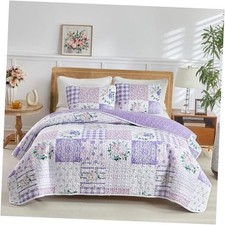 3 Pieces Floral Quilt Set Queen, Patchwork n Pink Flowers Queen-90"x90" Purple