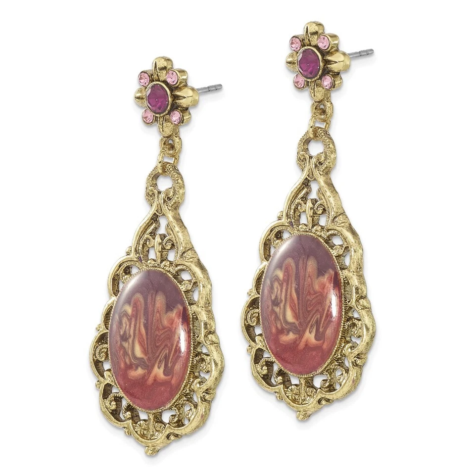 Pendientes colgantes de poste de cristal púrpura y esmalte en tono latón 1928 Foto 2 de 3