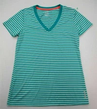 REEBOK #T5142 Women's Size S Play Dry V-Neck Striped Blue Athletic T-shirt 