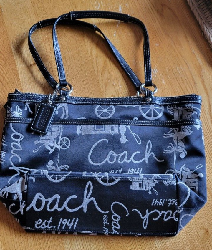 Vintage Coach Black embroidered Horse & Carriage tote Shoulder Bag