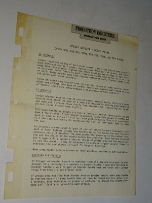 vintage Speedy Greezer Operating Instructions Model PE-4A Production Industries