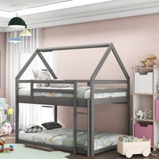 Low Bunk Bed, Wood House Bed Frame with Ladder and Guardrails