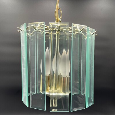 MCM Brass Hanging Pendant Lamp 12 Beveled Oblong Teal Green Glass RARE 