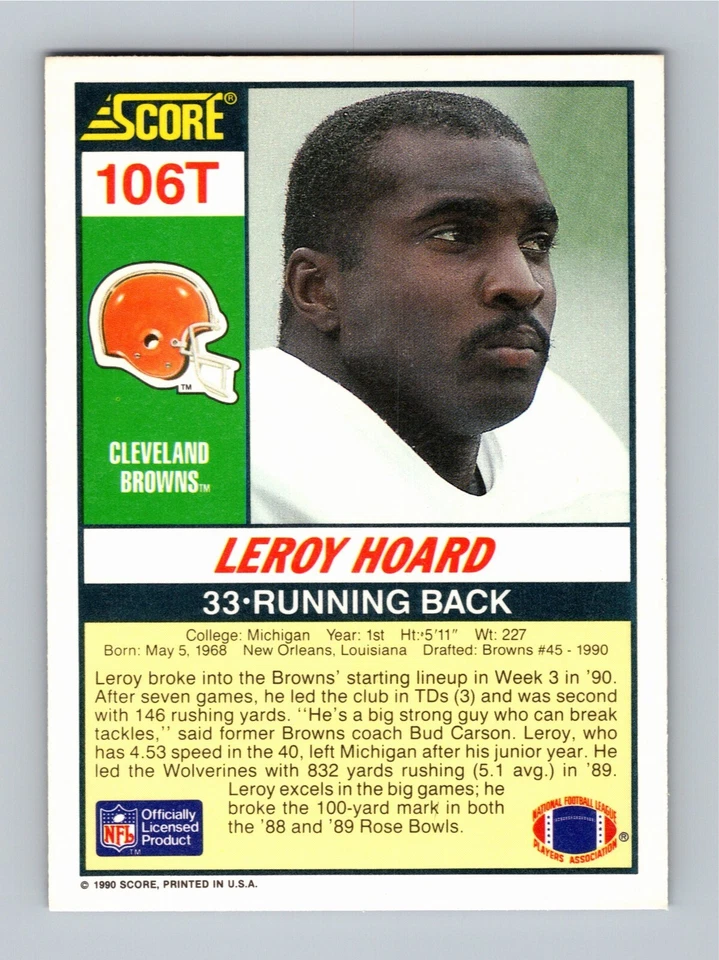 Leroy Hoard 1990 Score Rookie & Traded #106T Browns RC NM - Image 2 of 2