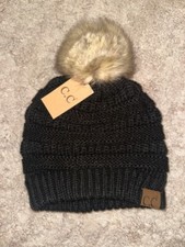 Beanie Brand Exclusive Soft Stretch Cable Knit Faux Fur Pom Pom CC Hat