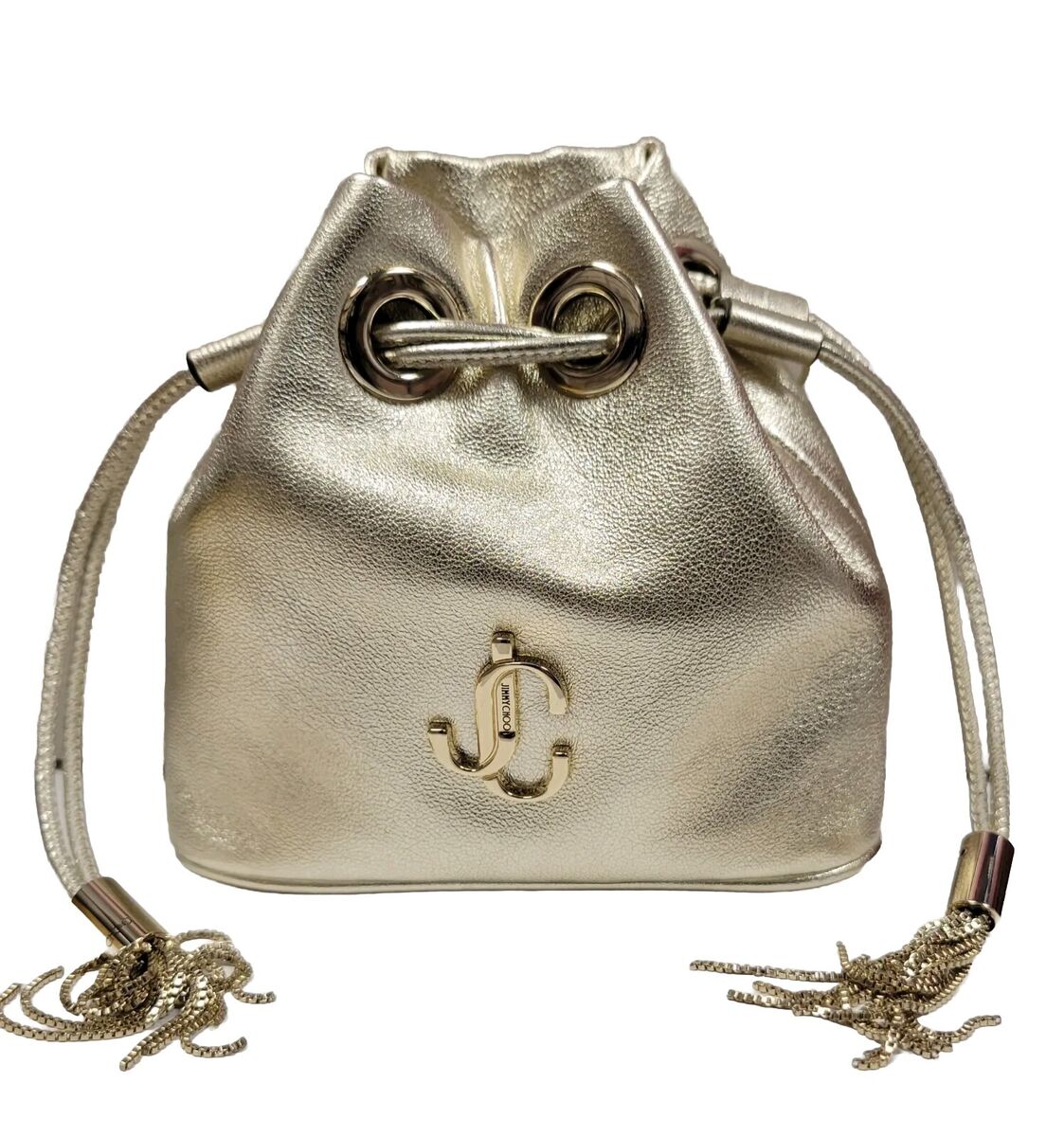 手のひらサイズ♪【Jimmy Choo】MARCHELIN 巾着型 レザーバッグ NWT NEW Jimmy Choo Marcheline Gold Mini drawstring bucket