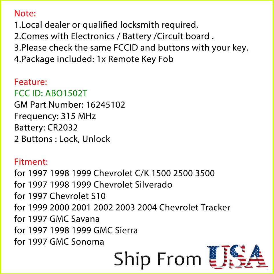 Llave remota para GMC Sierra Chevrolet Silverado 1997 1998 1999 C/K 1500 2500 3500 Foto 2 de 4