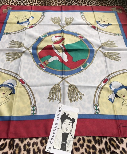 FRENCH 1960s WOMEN SQUARE SCARF~ART DECO FLAPPER WOMEN PRINT~ MADE IN ITALY~NEW
