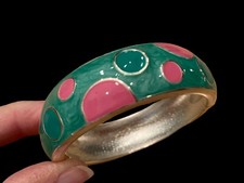 Silvertone Enamel Clamp Bangle Bracelet Green Pink Summer Beach Dots