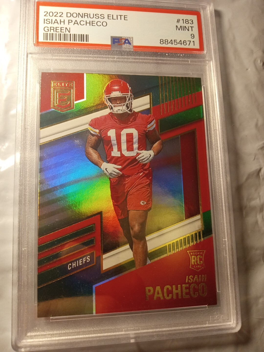 Rookie Isiah Pacheco “Name Error” 2022 Panini Donruss Elite Green PSA 9 Graded 