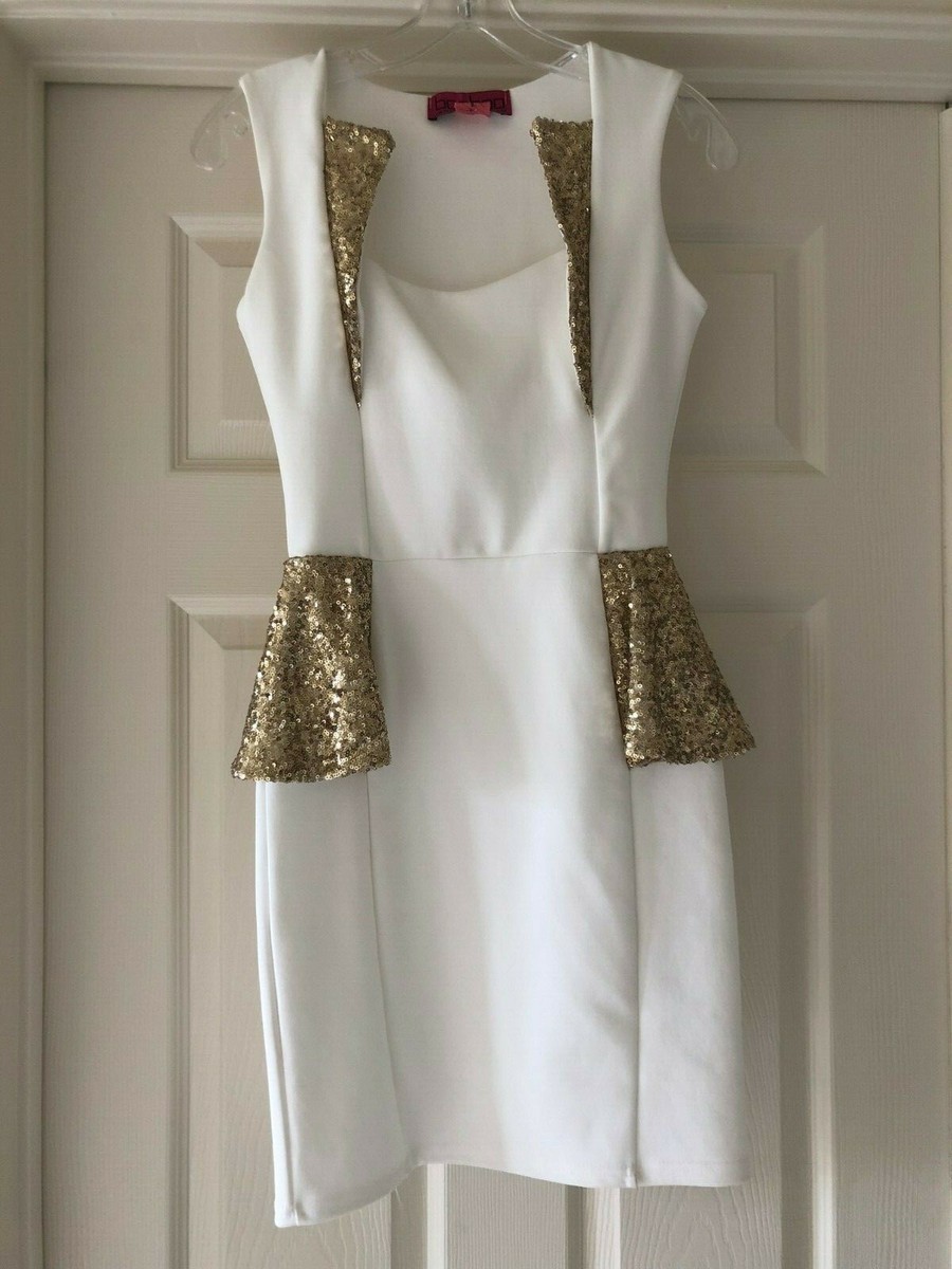 white sequin peplum dress BOOHOO WOMEN'S WHITE PEPLUM DRESS WITH GOLD SEQUINS SQUARE NECK FANCY SIZE  SMALL
