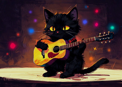 ACEO Mini *Art Print* Black Baby Cat Kitten Playing a Guitar/ Music by Saulite