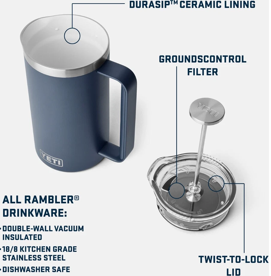 Prensa francesa YETI Rambler 34 oz - Azul marino ¡NUEVA! Foto 2 de 4