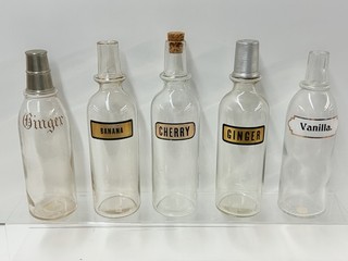 LOT OF 5: VTG GLASS APOTHECARY SYRUP JARS (GINGER/CHERRY/VANILLA/BANANA)