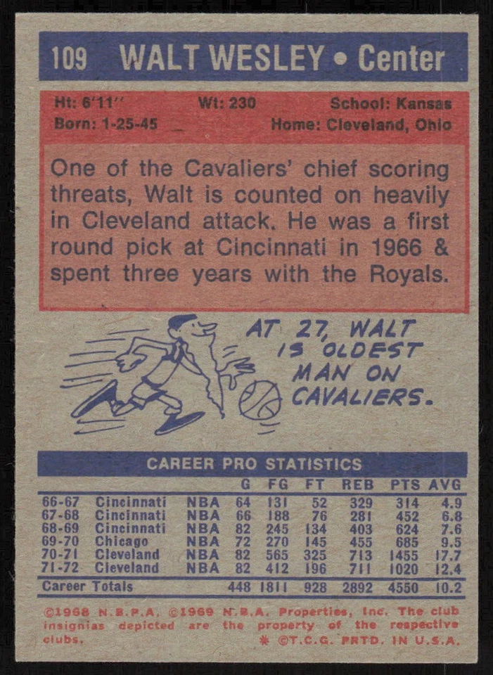 1972-73 Topps #109 Walt Wesley - $1 SHIPPING (JB) - Image 2 of 2