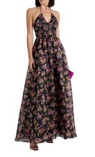 ALICE + OLIVIA SAORI MAGNOLIA FLORAL BLACK SILK MAXI PRINCESS GOWN SIZE 12 NWT