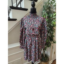 Mini Dress L Multi Floral Shirred Ruffle Mock Neck Flounce Sleeve Casual Party