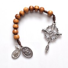 Brown Wood Cord St Michael Miraculous Medal Decade Car Rosary Beads Free Card